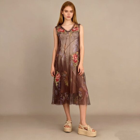NWOT Johnny Was Floral Mesh Embroidered Midi Dress Boho Size S Brown - Picture 1 of 16
